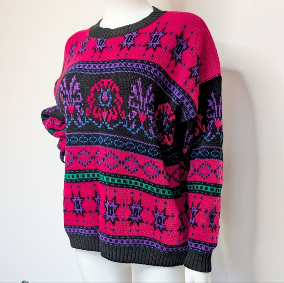 80s Vintage Hot Pink, Black, Purple, Green Funky Crew Neck Sweater - Picture 2 of 5